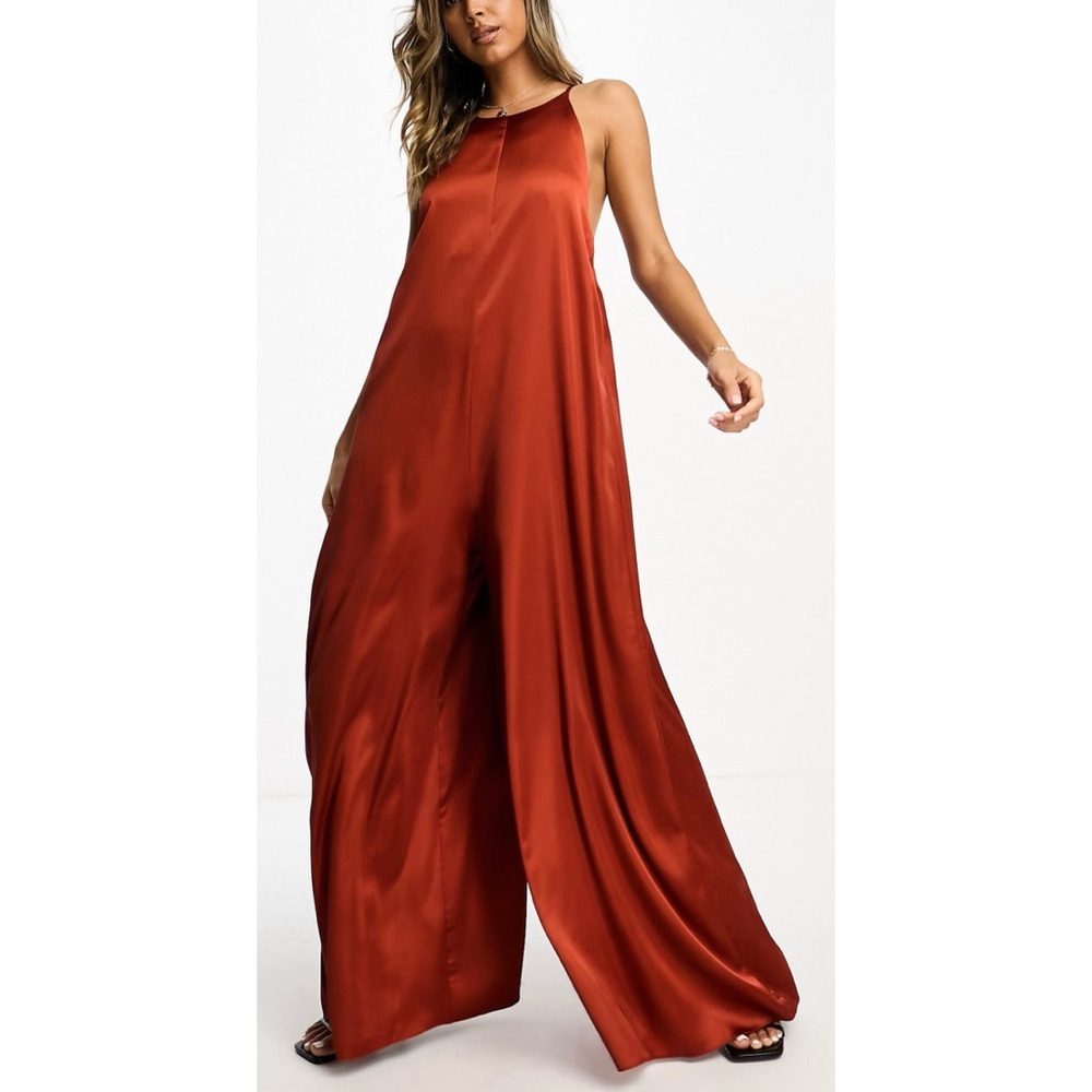 ASOS DESIGN low back satin jumpsuit in rust red
